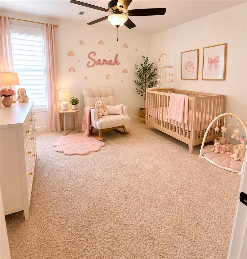 A comforting nursery with a ceiling fan, plush carpet, and ample natural illumination.