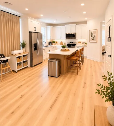 Culinary delights await in this bright kitchen, complete with an island and stainless steel appliances.