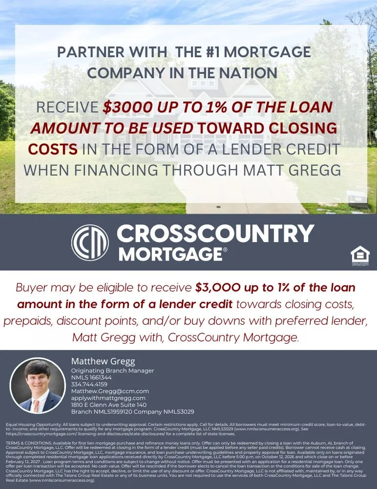 Receive up to $6,000 in closing cost assistance! Buyer may receive 1% of the loan amount paid by Matthew Gregg when financing with CrossCountry Mortgage, with the remaining amount negotiable and paid by the seller.
