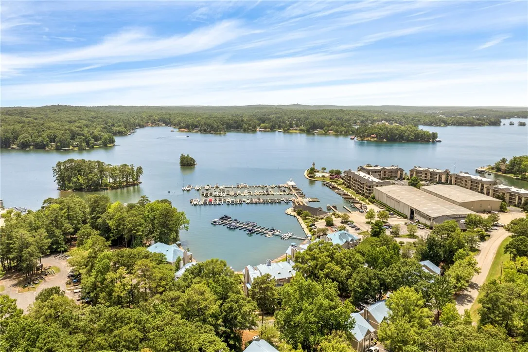 An aerial perspective reveals a serene waterfront community nestled alongside a sprawling lake, complete with private boat slips and verdant surroundings.