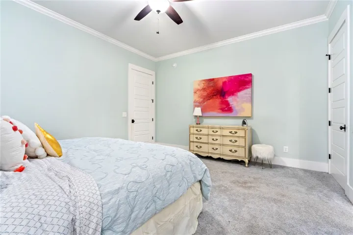 Comfortable bedroom features soft carpeting, elegant crown molding, and a modern ceiling fan for year-round comfort.
