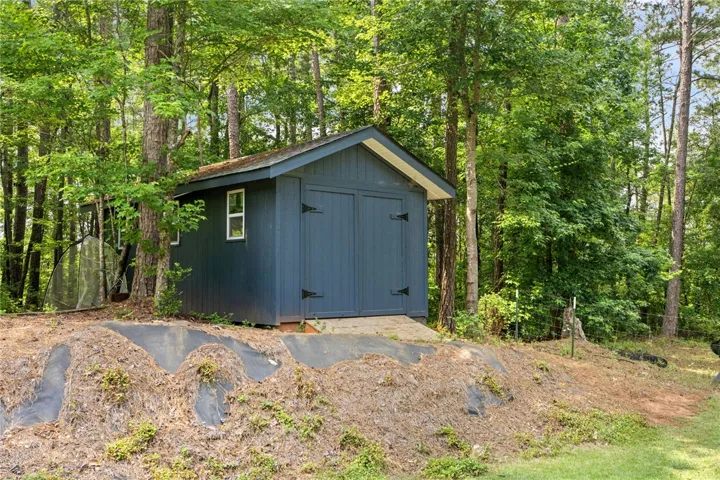 A quaint blue storage shed nestled among towering trees offers practical outdoor utility.