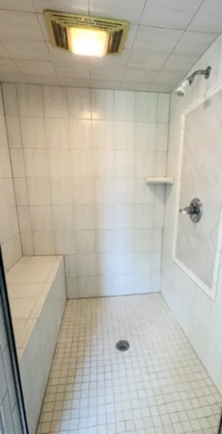 Tiled shower enclosure features a built-in bench and recessed lighting for comfort.
