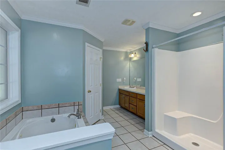 Indulge in a primary bathroom offering a soaking tub, separate shower, and double vanity.