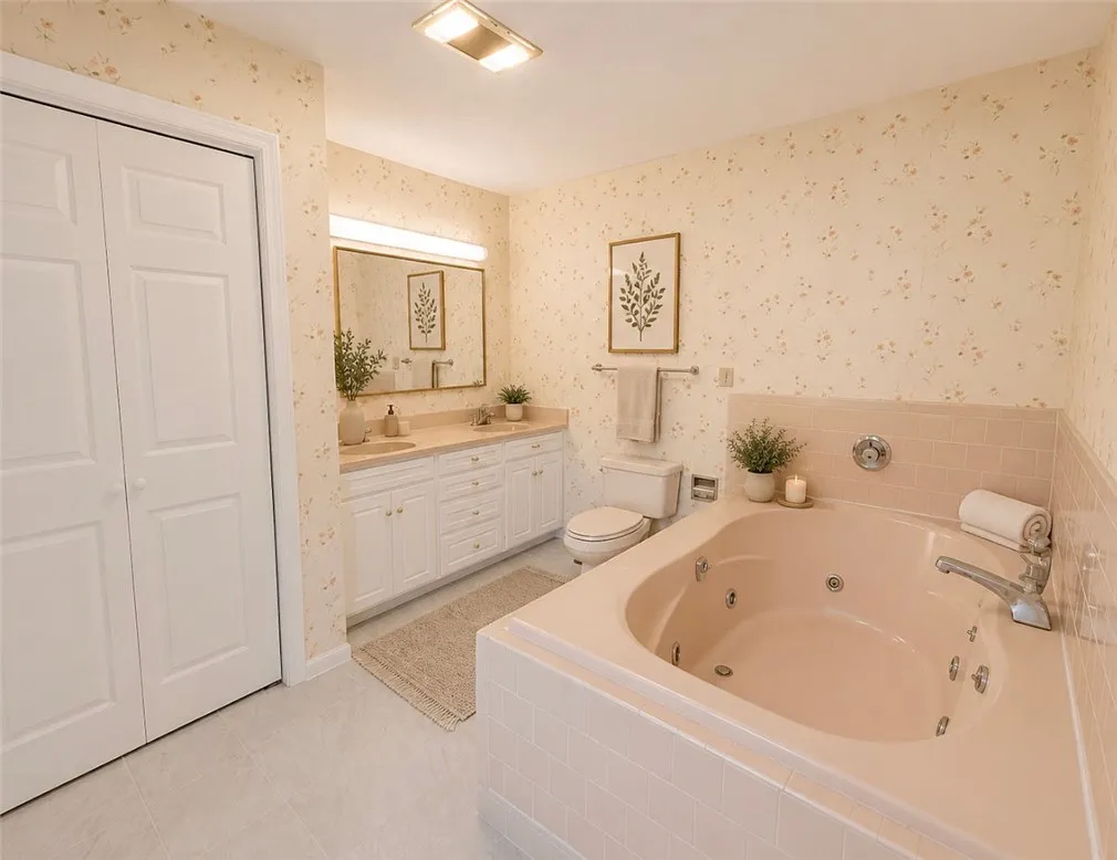 Relax in a soaking tub within this well-appointed bathroom, featuring a double vanity.