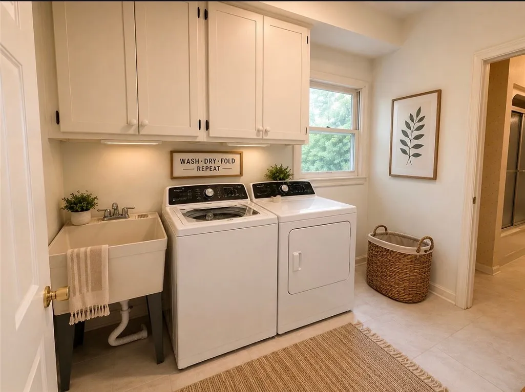 Functional and bright, this laundry room features convenient upper cabinetry and a utility sink.