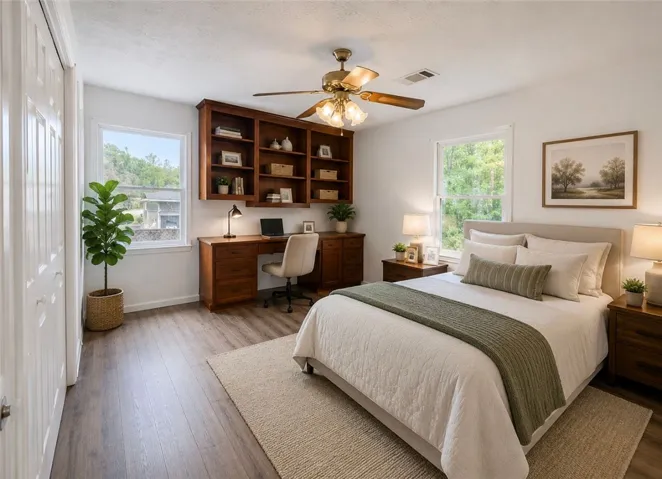 Well-appointed bedroom featuring a built-in desk and shelving, ideal for a comfortable work-from-home setup.