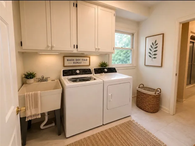 Functional and bright, this laundry room features convenient upper cabinetry and a utility sink.