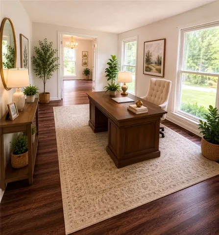 Rich hardwood floors create a welcoming ambiance in this elegant and productive office space.