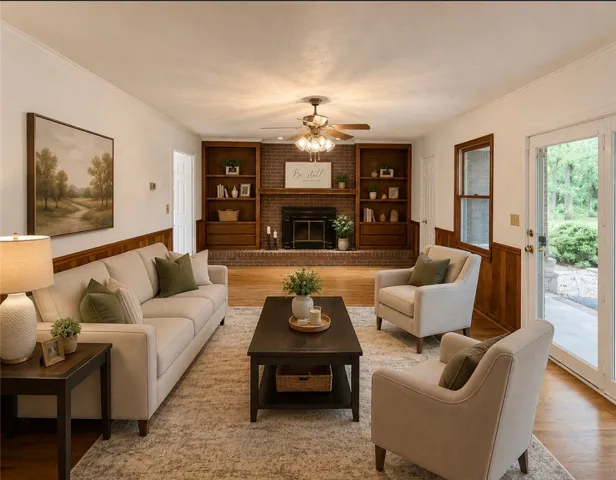 A comforting living area features a brick fireplace flanked by built-in bookshelves and direct access to the outdoors.