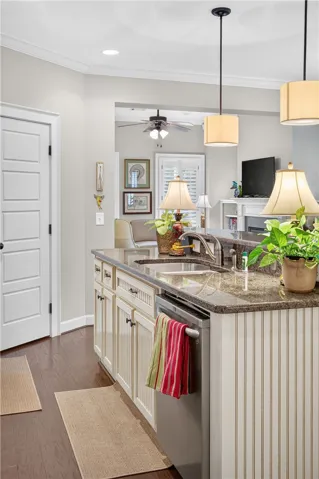 A well-appointed kitchen island with ample counter space and integrated sink, offering a seamless flow to the living area.
