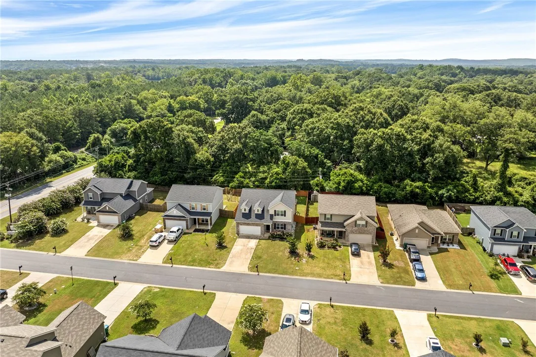 An aerial perspective reveals a row of suburban homes nestled against a verdant, wooded backdrop.