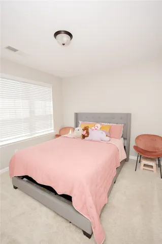 A well-lit room featuring soft carpeting and a window offering natural illumination.