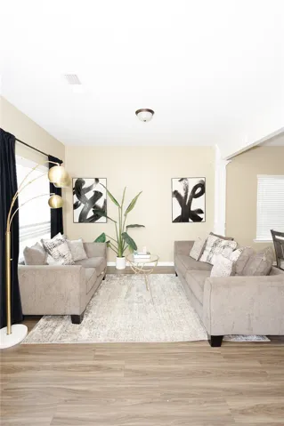 A well-lit sitting area with durable wood-look flooring and a light-toned rug.