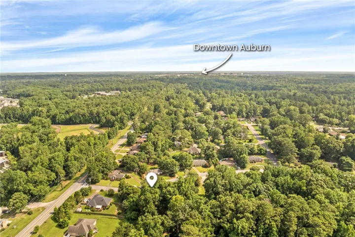 An aerial perspective reveals a tree-filled neighborhood with easy access to downtown Auburn.
