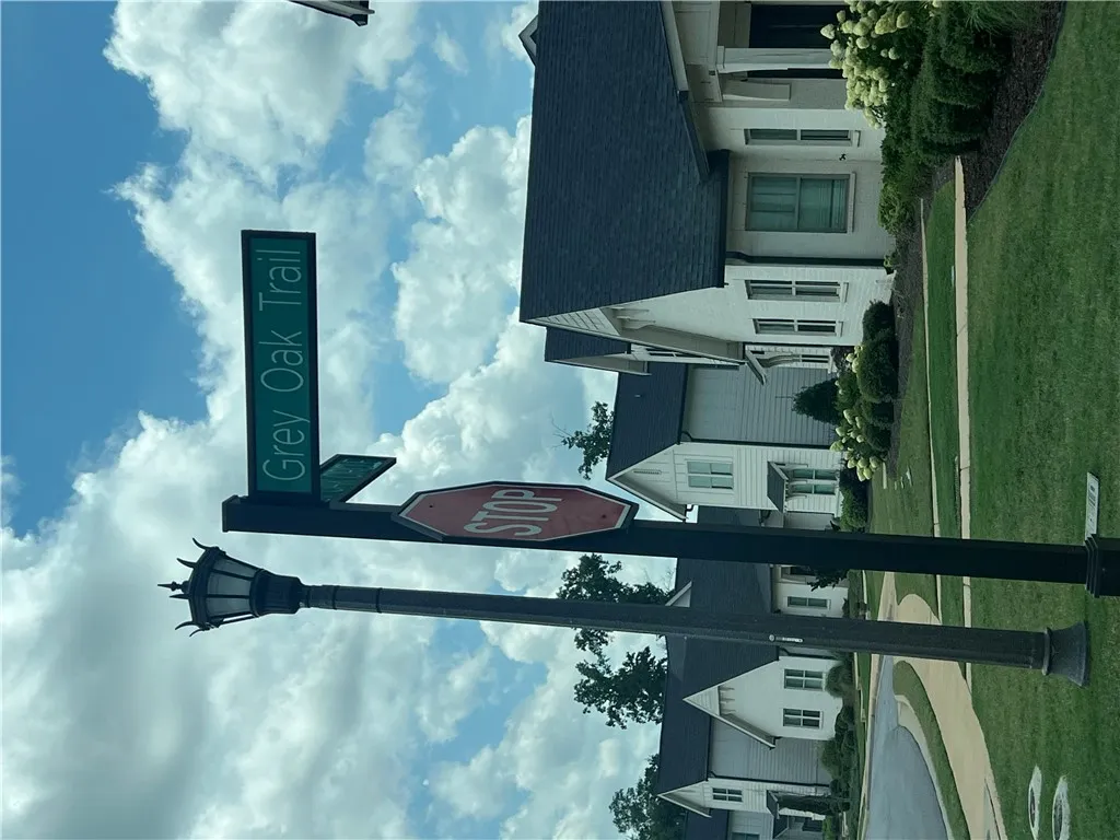The neighborhood streetscape features manicured lawns and homes with dark roofs, set against a bright, cloudy sky.