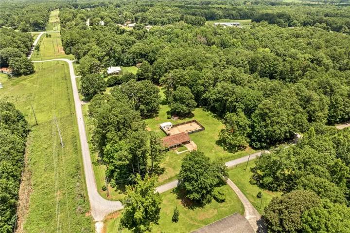 An aerial perspective reveals a serene, wooded property with ample green space and a secluded residence.