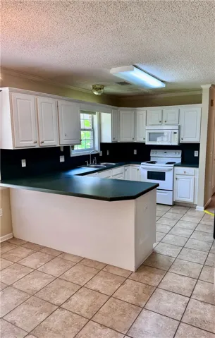 A well-appointed kitchen features ample counter space, bright cabinetry, and a convenient breakfast bar for casual dining.