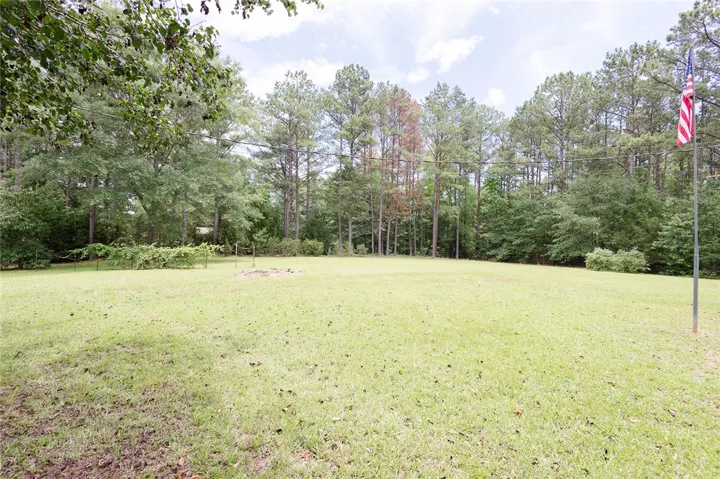 A spacious, verdant yard with mature trees forming a natural border, ready for outdoor enjoyment.