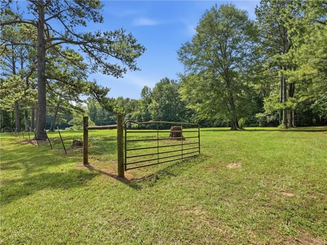 Green pastures await, surrounded by mature trees under a clear blue sky.