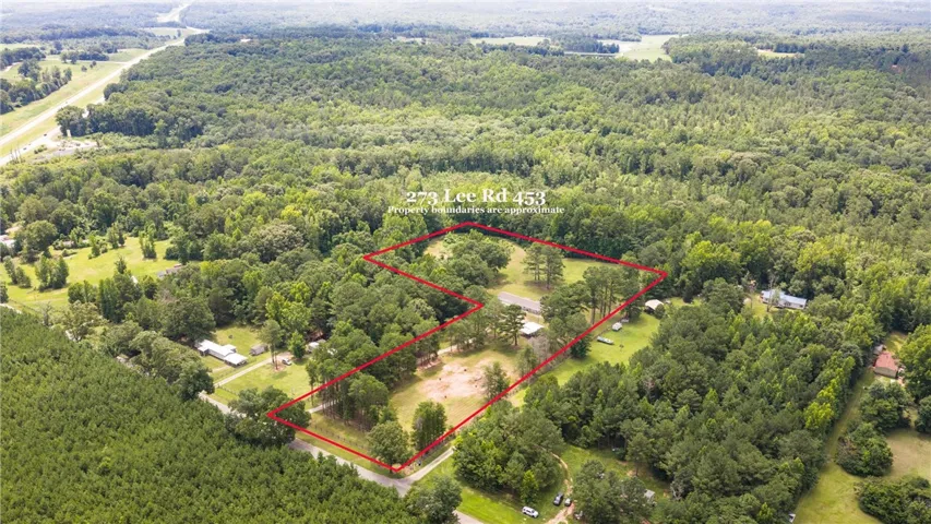 A sweeping aerial perspective reveals a vast, verdant lot nestled amongst towering trees and open pastures.