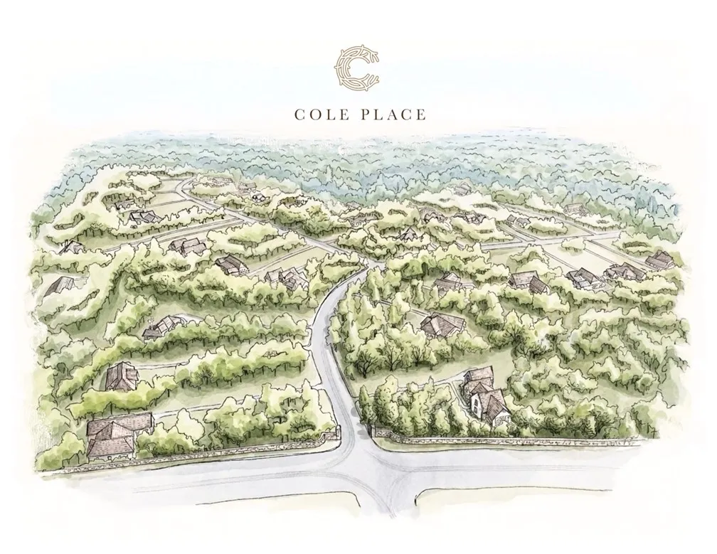 An aerial illustration of a secluded residential community nestled amongst lush, mature trees and winding roads.