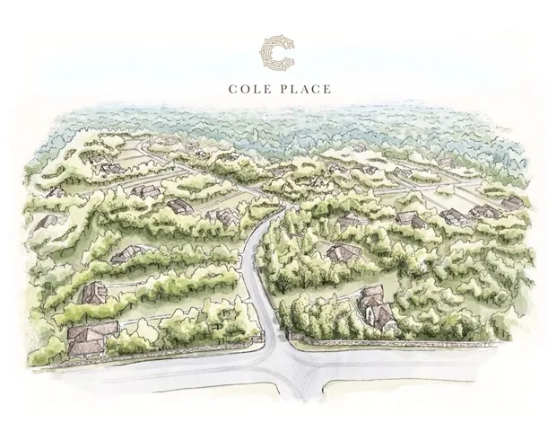 An aerial illustration of a secluded residential community nestled amongst lush, mature trees and winding roads.