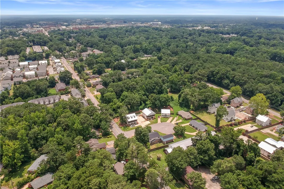 An aerial perspective reveals a serene residential neighborhood enveloped by lush, mature trees and ample green spaces.