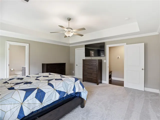 A spacious primary bedroom with a soaring tray ceiling and a convenient en-suite bathroom access.