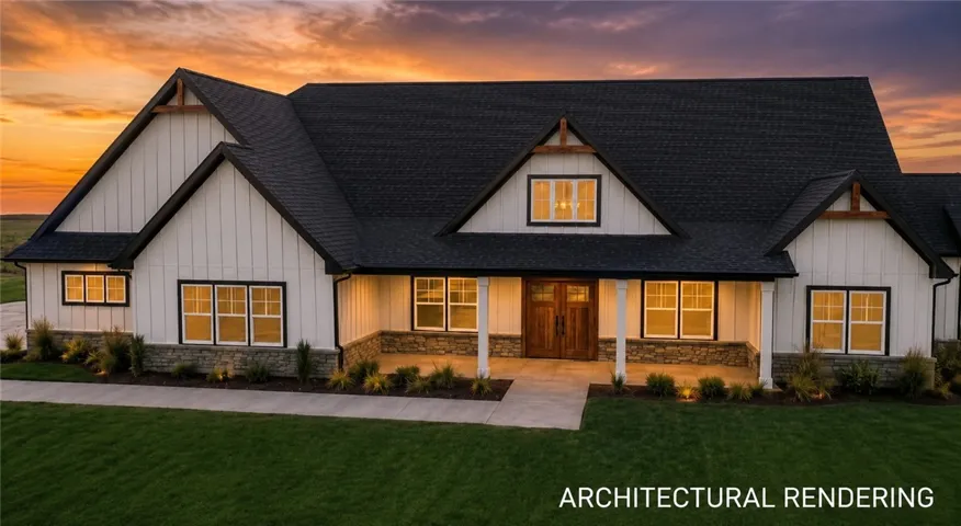 A classic facade with a dark shingle roof and a welcoming covered porch, perfect for twilight evenings.