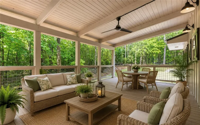 An inviting covered patio retreat with ample seating provides a serene connection to nature.
