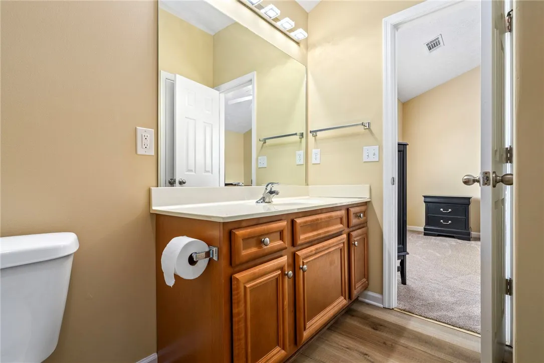 A well-appointed bathroom vanity features ample storage and a clear, reflective mirror.