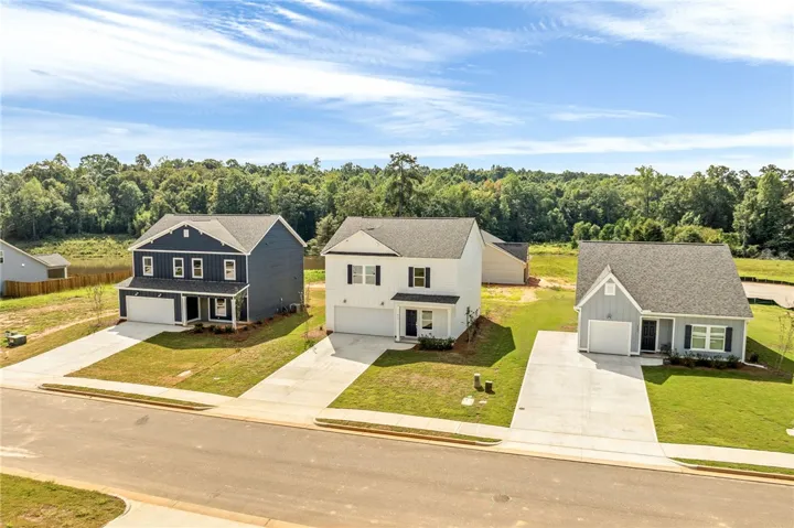Neat suburban street view reveals newly built homes against a backdrop of mature woods.