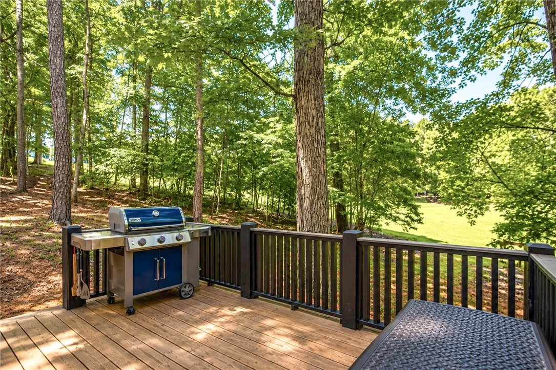 A spacious wooden deck with a built-in barbecue provides a tranquil outdoor retreat.