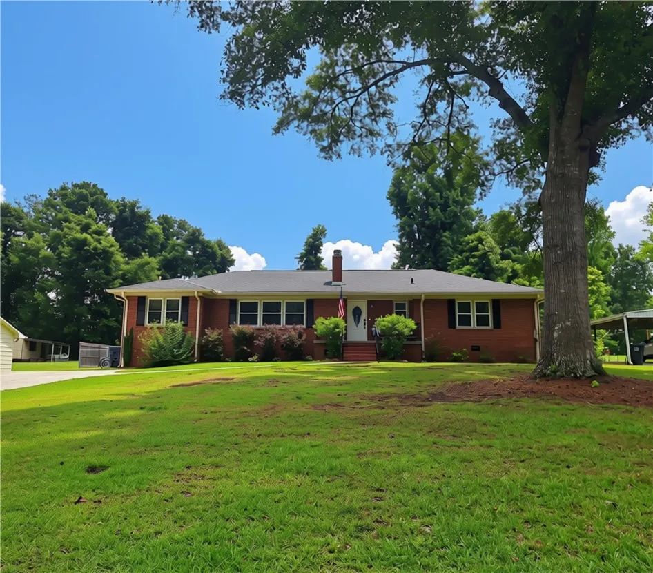 A classic brick ranch-style residence set on a verdant lawn, shaded by mature trees.