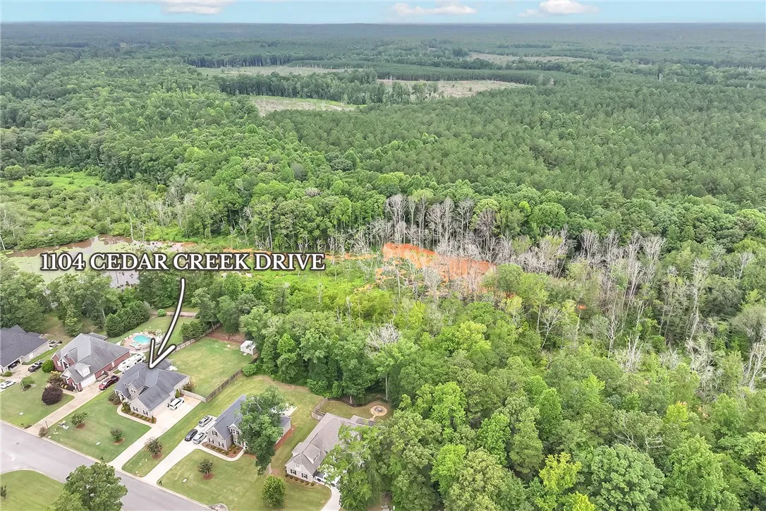 An aerial perspective reveals a private residence nestled amongst a verdant forest, showcasing ample yard space and natural surroundings.