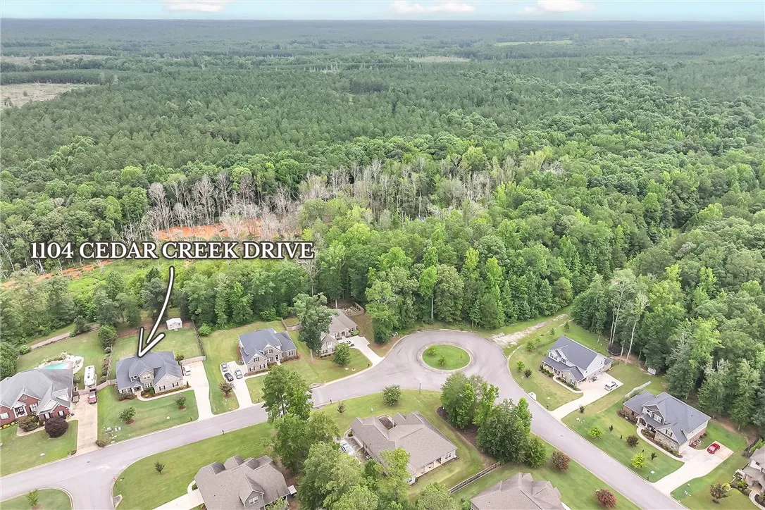An aerial perspective showcases a residential neighborhood nestled beside a vast expanse of lush forest.