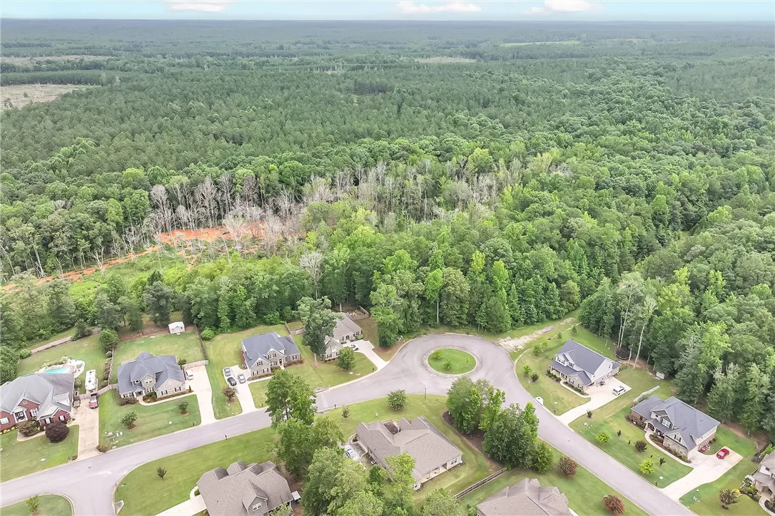 An aerial perspective reveals a serene cul-de-sac neighborhood bordered by dense, verdant woodlands.