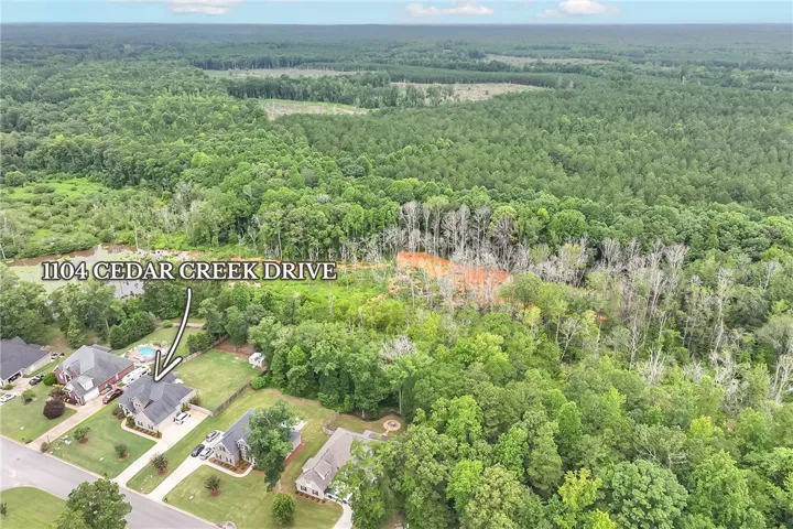 An aerial perspective reveals a private residence nestled amongst a verdant forest, showcasing ample yard space and natural surroundings.