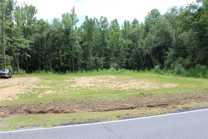 A spacious, cleared lot bordered by dense, mature trees offers ample room for development.