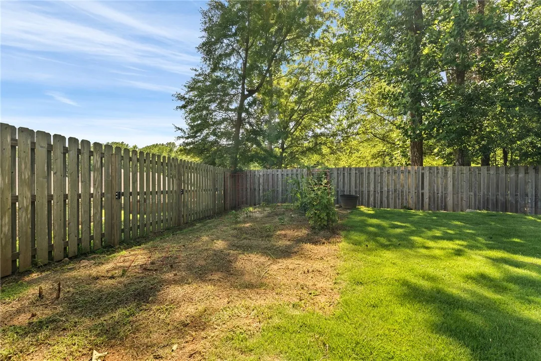 Secure yard featuring a wooden fence and lush green grass for outdoor activities.