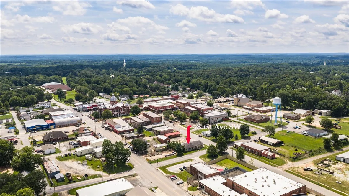 An aerial perspective reveals a charming town nestled amidst abundant natural greenery under a bright sky.