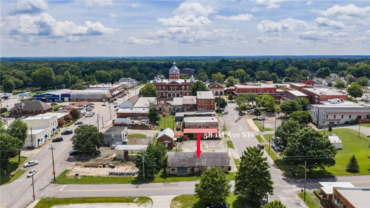 An aerial perspective reveals a quaint downtown area surrounded by mature trees under a vast sky.