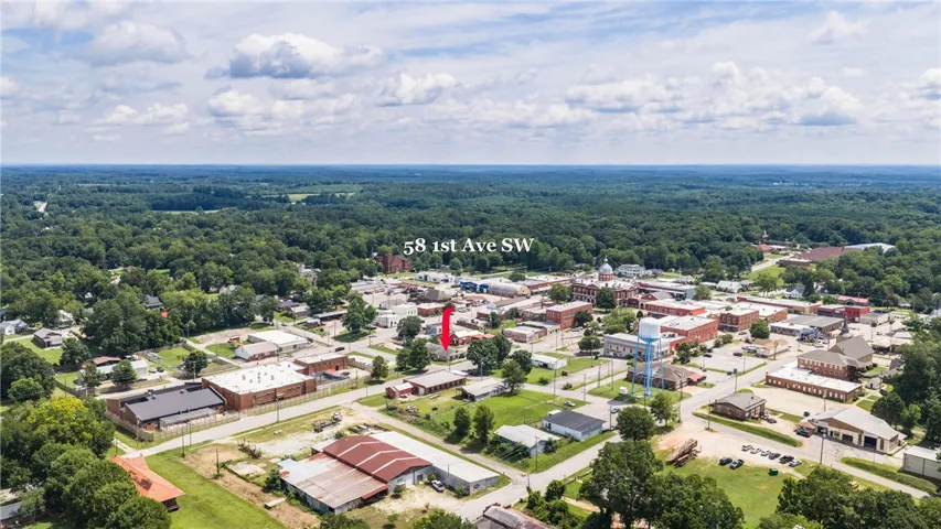An aerial perspective reveals a charming small town nestled amidst an expansive green landscape.