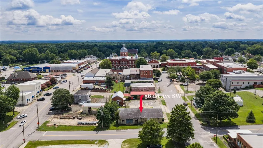 An aerial perspective reveals a quaint downtown area surrounded by mature trees under a vast sky.