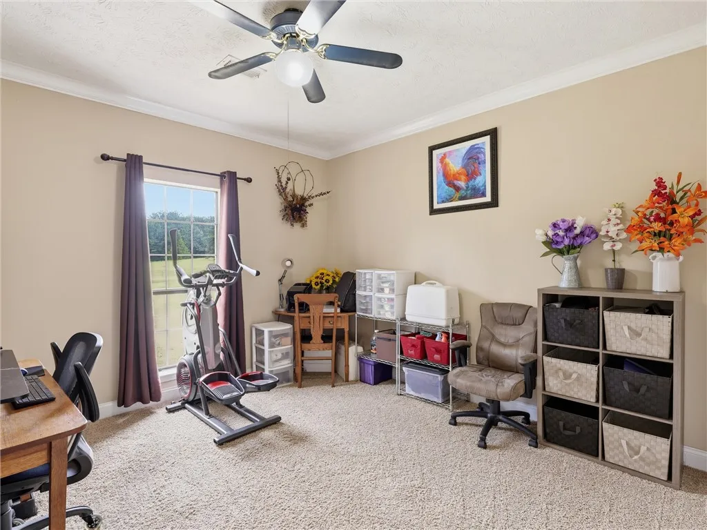 A versatile room features a large window, crown molding, and a ceiling fan, offering comfortable living.