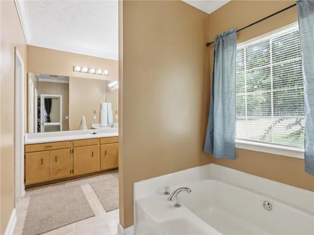 Indulge in a tranquil soak within this well-appointed bathroom featuring a spacious bathtub and ample vanity.