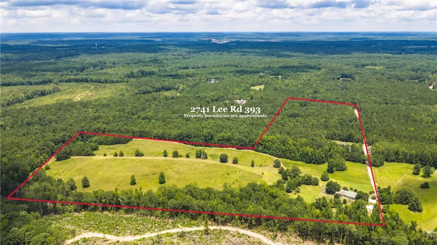An aerial perspective showcases a vast, green landscape with a mix of open fields and dense woodlands, outlined by property boundaries.