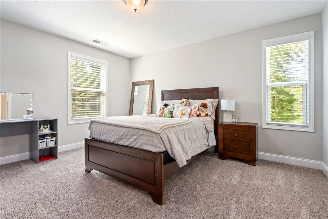 A well-lit bedroom features plush carpeting and multiple windows.