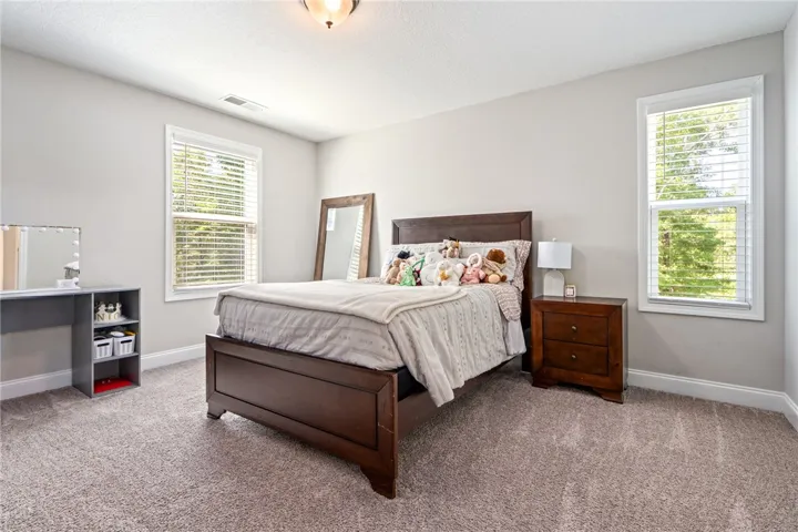 A well-lit bedroom features plush carpeting and multiple windows.
